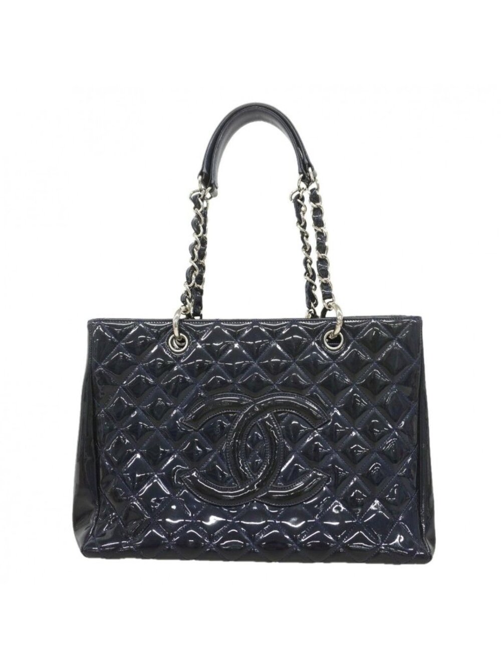 Chanel Chain Tote Quilted Patent Leather Navy Silver